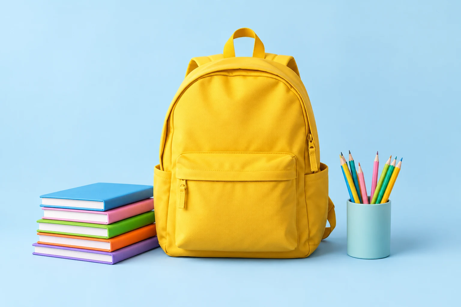 A yellow school backpack with notebooks and pencils