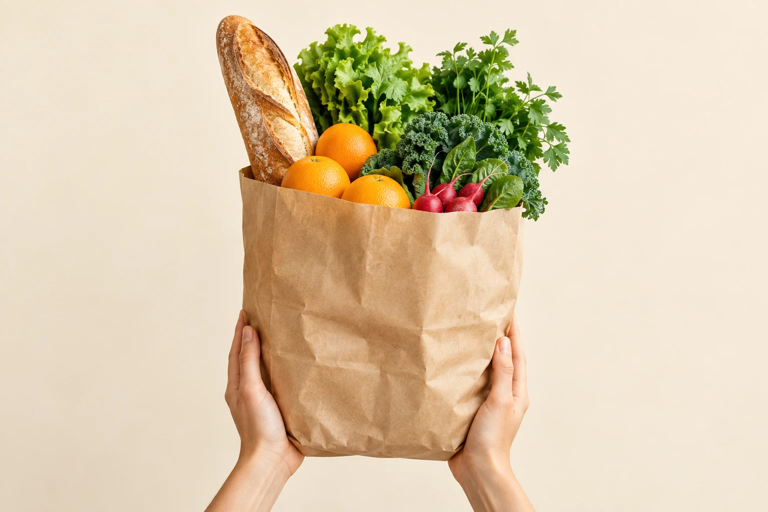 Hands holding a grocery bag filled with fresh food