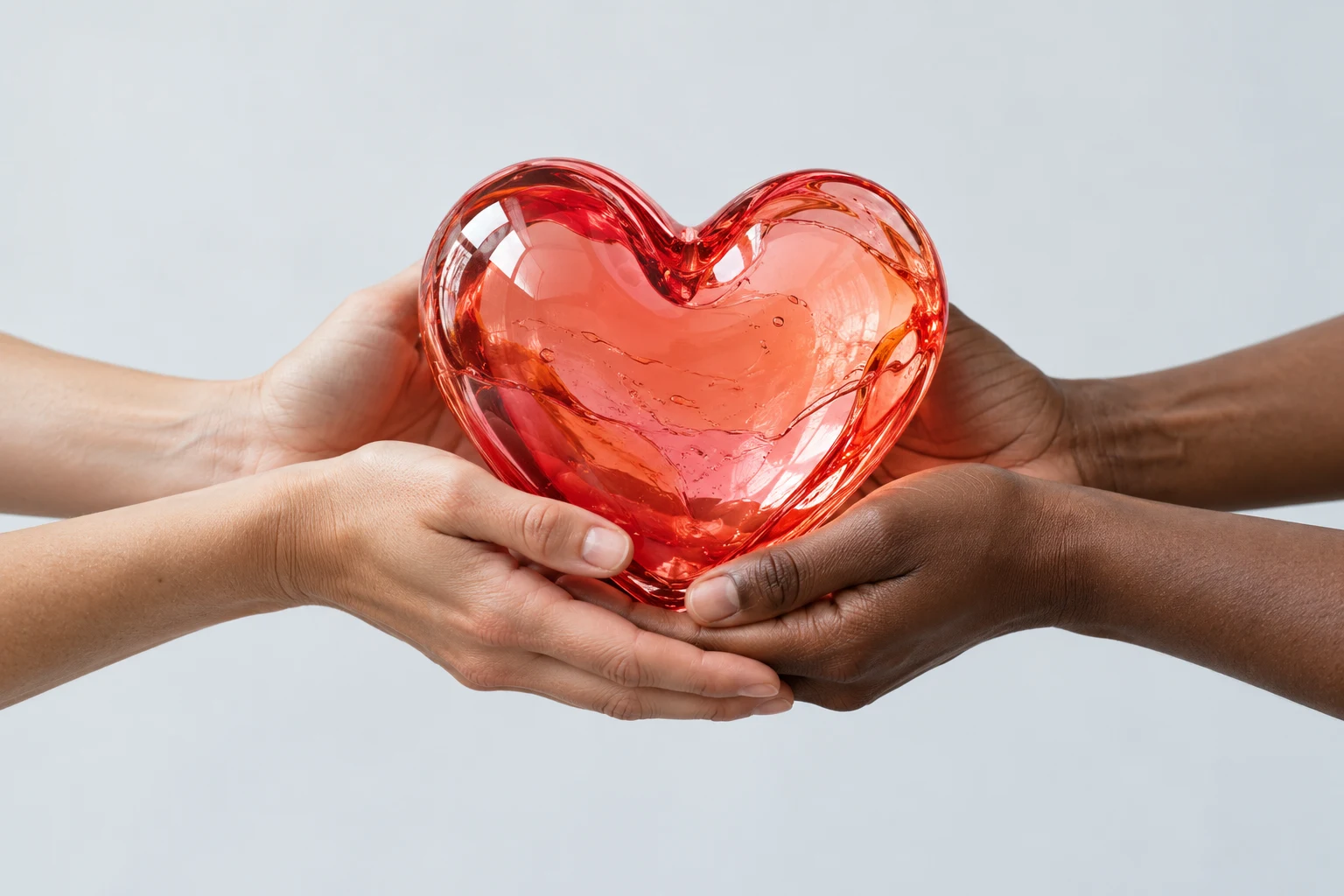 Hands coming together to hold a coral glass heart